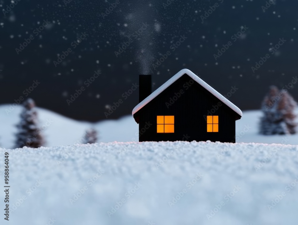 Small wooden cabin in the snowy mountains smoke rising from the chimney warm light from the windows surrounded by snowcovered trees cozy winter retreat white and brown palette Small wooden cabin in the snowy mountains smoke rising from the chimney warm light from the windows surrounded by snowcovered trees cozy winter retreat white and brown palette