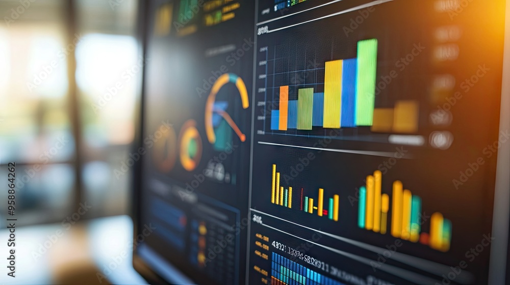A close-up of a business graph on a computer screen, showing detailed line charts and bar graphs with colorful data visualizations. - A close-up of a business graph on a computer screen, showing detailed line charts and bar graphs with colorful data visualizations. -