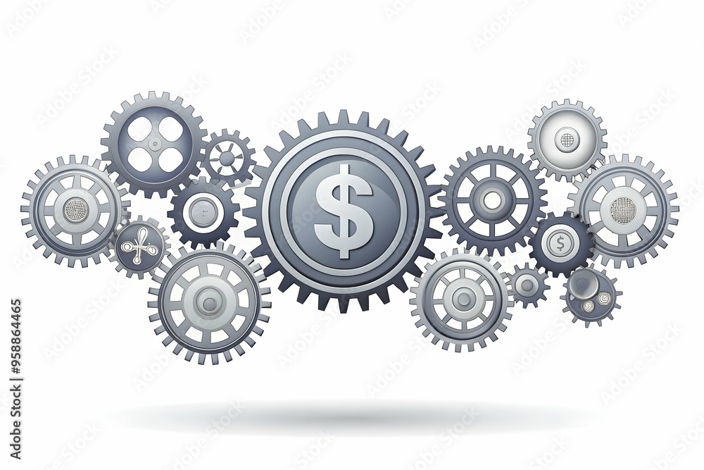 Digital Gears and Money Symbol Concept: Minimalistic Abstract Vector Illustration of Automation in Cost Management Technology on White Background Digital Gears and Money Symbol Concept: Minimalistic Abstract Vector Illustration of Automation in Cost Management Technology on White Background