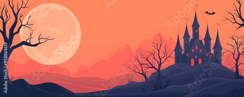 Haunting sunset over a gothic castle with silhouetted trees and a full moon, creating a mysterious and eerie atmosphere.