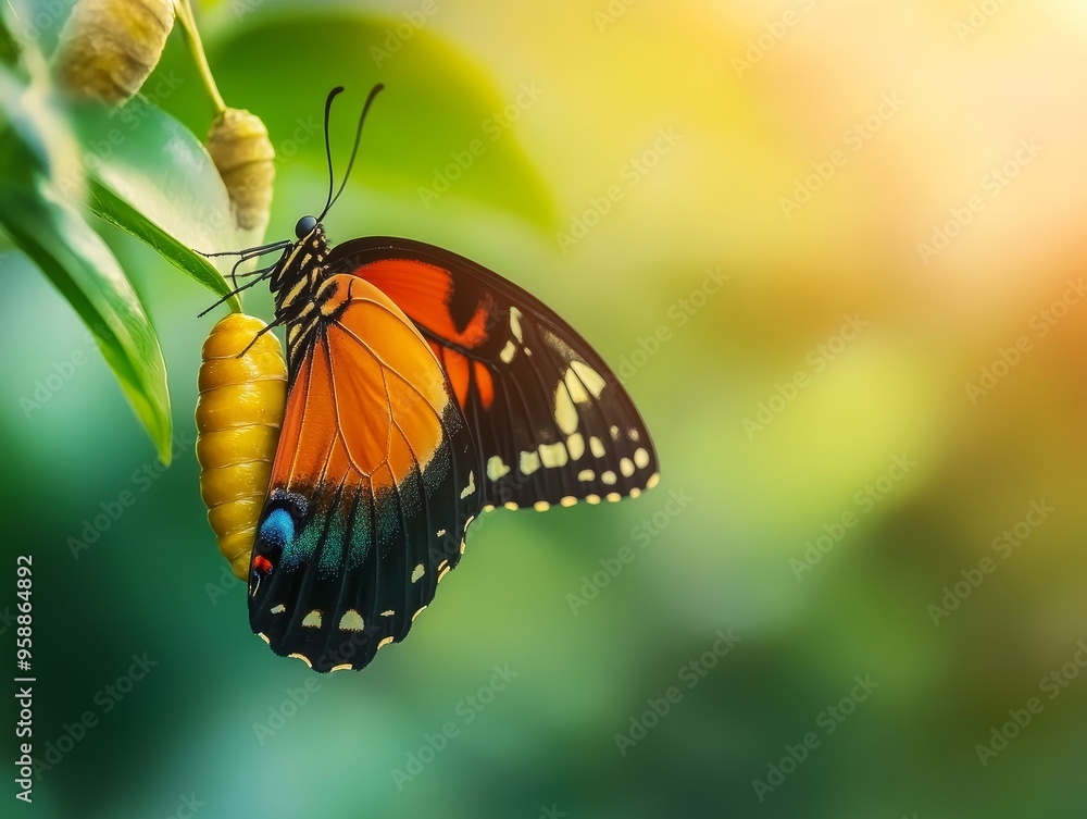 Fototapeta premium Butterfly Metamorphosis: A vibrant Monarch butterfly emerges from its chrysalis, wings still damp, in a breathtaking moment of transformation. Nature's artistry unfolds in this captivating close-up.