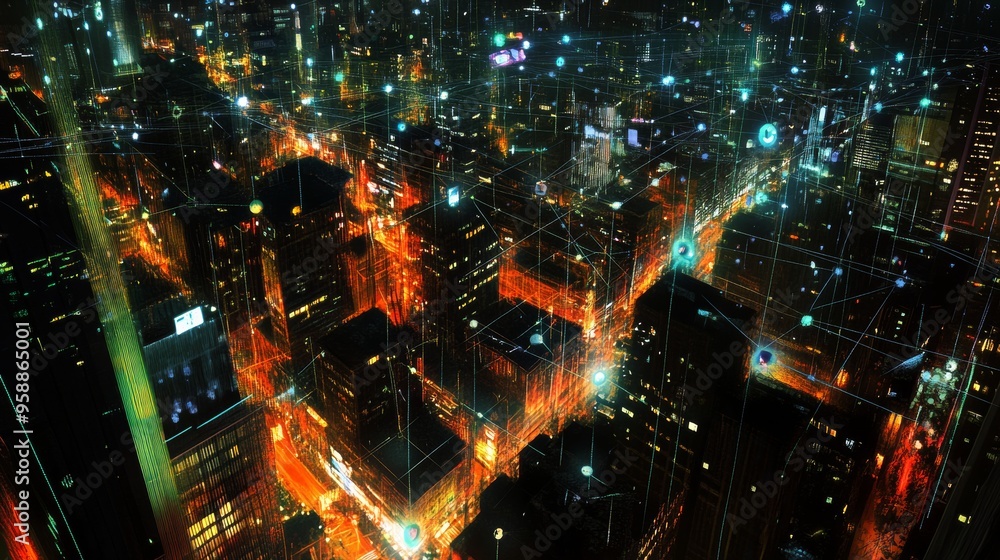 Cityscape at Night with Digital Network Overlay. Cityscape at Night with Digital Network Overlay.