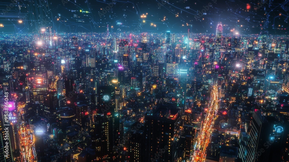 Futuristic Cityscape with Digital Network Overlay. Futuristic Cityscape with Digital Network Overlay.