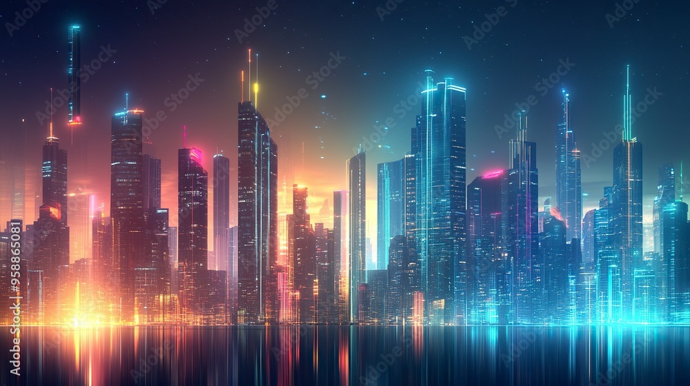 Futuristic urban skyline with bright, colorful lights and tall structures. Premium background for the latest technology needs. generative ai Futuristic urban skyline with bright, colorful lights and tall structures. Premium background for the latest technology needs. generative ai