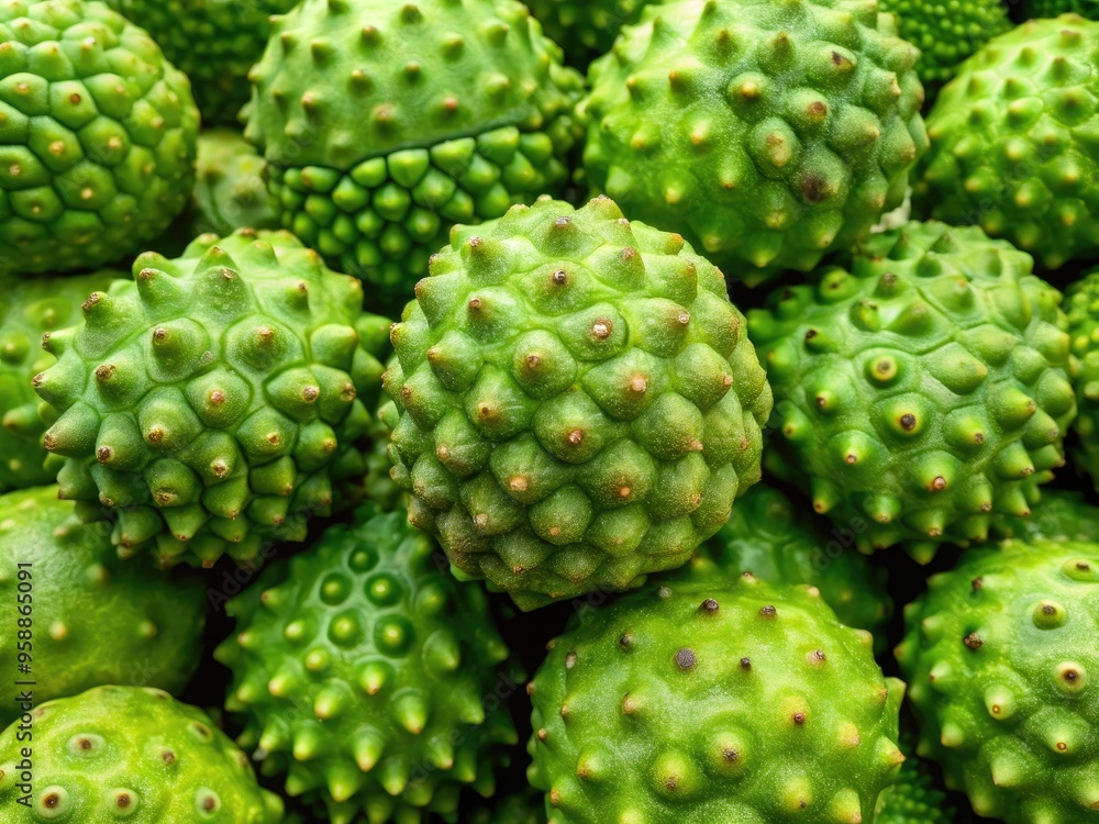 Close-Up Of A Pile Of Unripe Green Knobby Fruit With Intricate Patterns On Their Skin Close-Up Of A Pile Of Unripe Green Knobby Fruit With Intricate Patterns On Their Skin