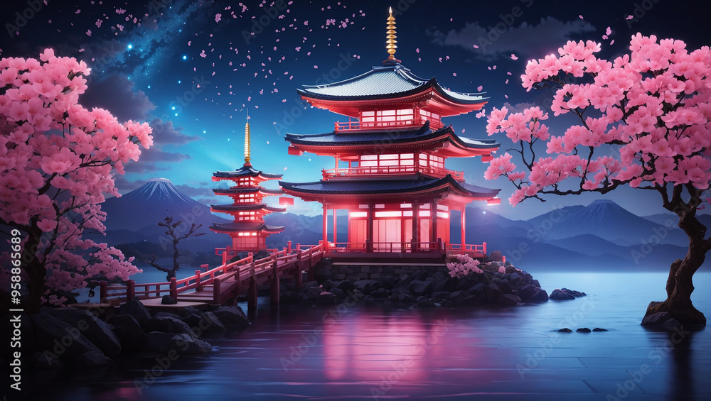 Fototapeta premium red temple with cherry blossoms, a lake, and mountains in a night sky.