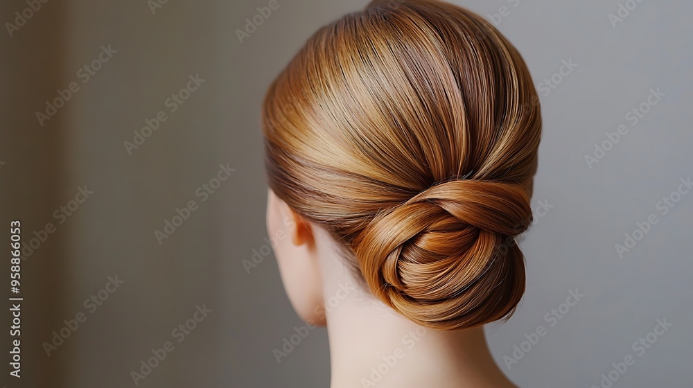 A woman with long, brown hair styled in a low bun. The hair is smooth and shiny, and the bun is neatly tied. A woman with long, brown hair styled in a low bun. The hair is smooth and shiny, and the bun is neatly tied.