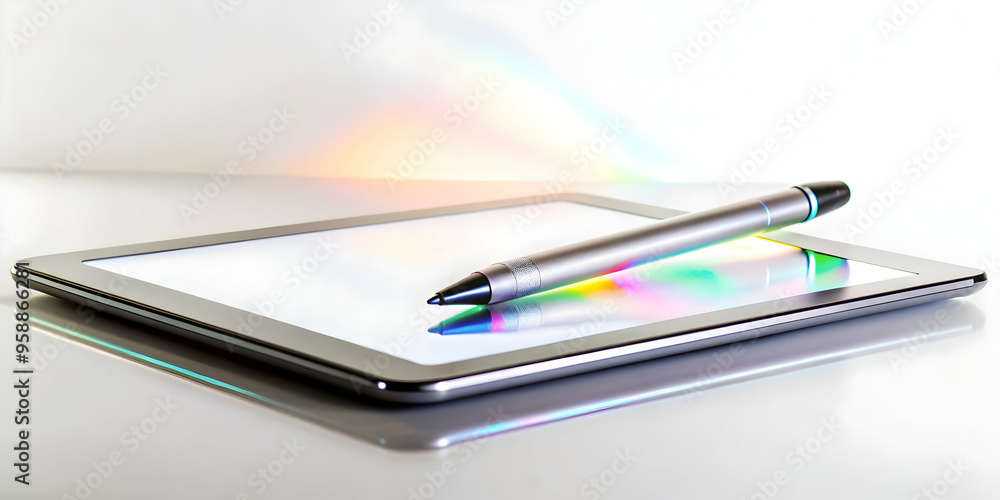Digital Pen Hovering Above Holographic Drawing Pad Concept on White Surface with Copy Space - Innovative Technology and Creativity in Photo Stock Digital Pen Hovering Above Holographic Drawing Pad Concept on White Surface with Copy Space - Innovative Technology and Creativity in Photo Stock
