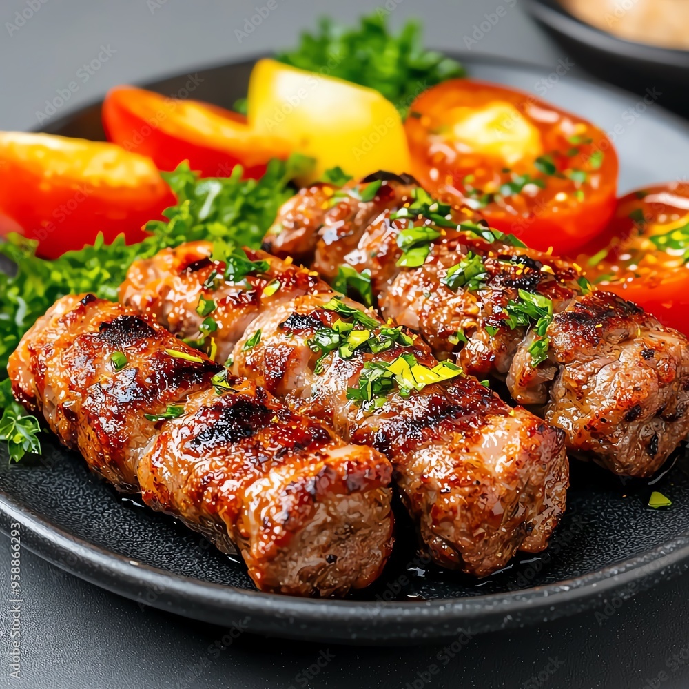 Delicious grilled meat skewers served with fresh vegetables and lemon, perfect for a hearty meal or barbecue. Delicious grilled meat skewers served with fresh vegetables and lemon, perfect for a hearty meal or barbecue.