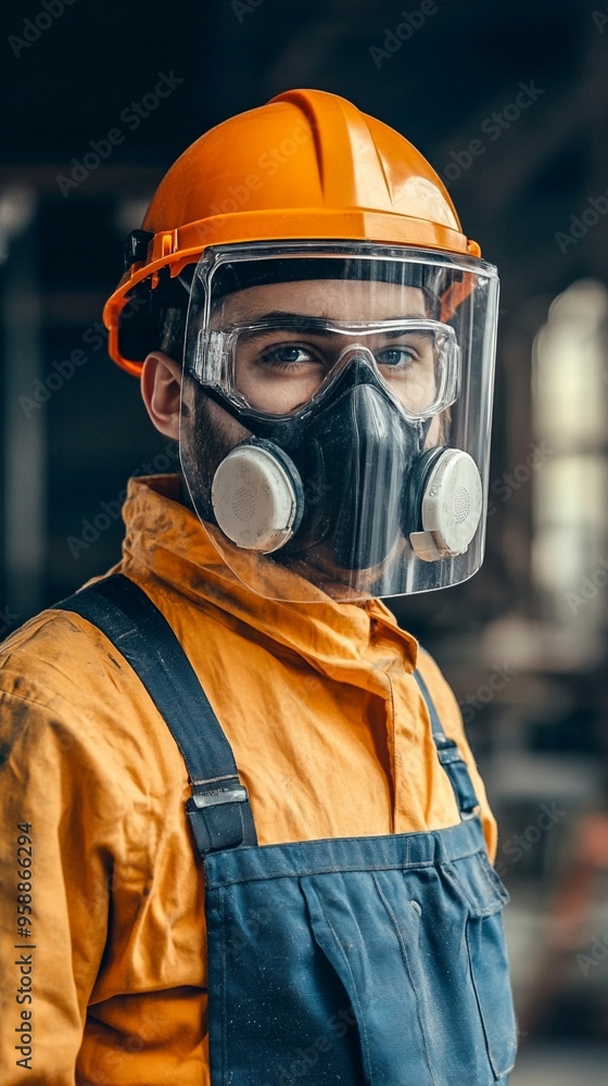 Close-up portrait of a construction worker wearing full protective gear including an orange hard hat, safety goggles, respirator mask, and high-visibility vest on a blurred background. Close-up portrait of a construction worker wearing full protective gear including an orange hard hat, safety goggles, respirator mask, and high-visibility vest on a blurred background.