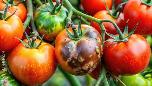 Close-up of tomato fruit displaying various diseases and disorders, including fungal infections, bacterial spots, and physical damage, for agricultural diagnosis and education purposes. photo