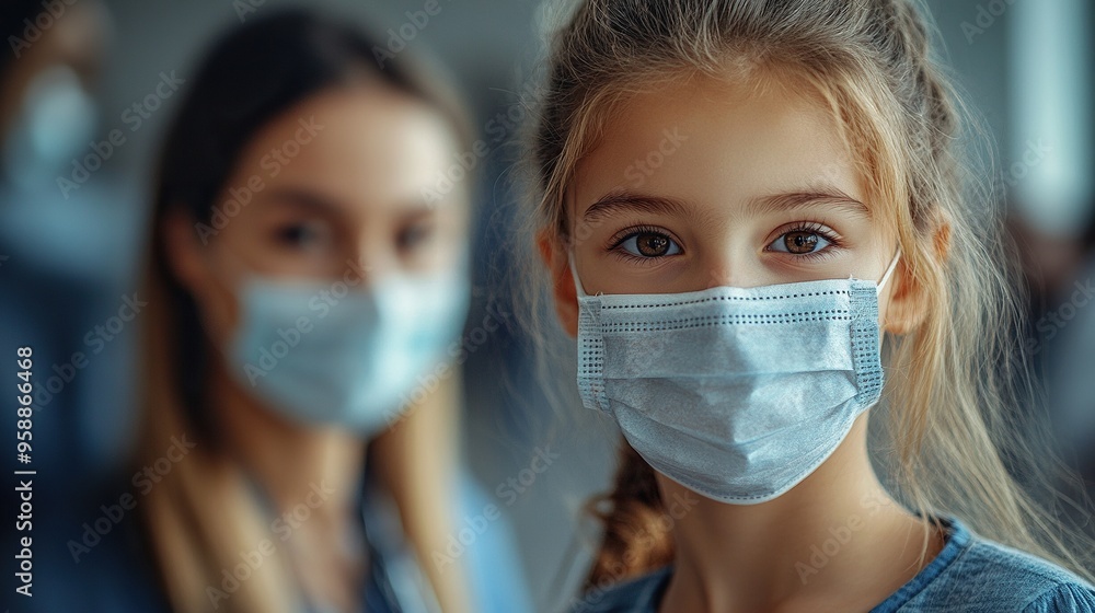 little girl with her mother at doctor office on consultation coronavirus concept little girl with her mother at doctor office on consultation coronavirus concept