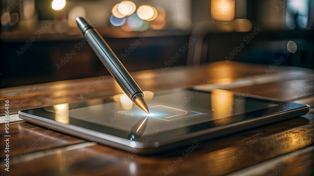 Digital Pen Hovering Above Holographic Drawing Pad on White Surface - Technology Concept with Copy Space for SEO Keywords in Photo Stock Collection Digital Pen Hovering Above Holographic Drawing Pad on White Surface - Technology Concept with Copy Space for SEO Keywords in Photo Stock Collection