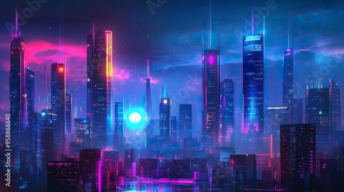 Wallpaper Mural Futuristic urban skyline with bright, colorful lights and tall structures. Premium background for the latest technology needs. generative ai Torontodigital.ca