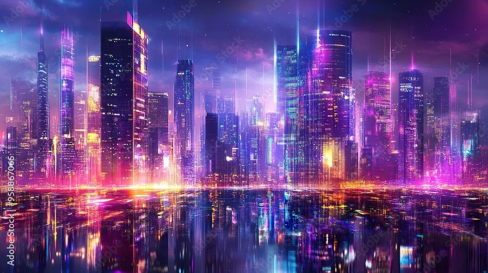 Futuristic urban skyline with bright, colorful lights and tall structures. Premium background for the latest technology needs. generative ai Futuristic urban skyline with bright, colorful lights and tall structures. Premium background for the latest technology needs. generative ai
