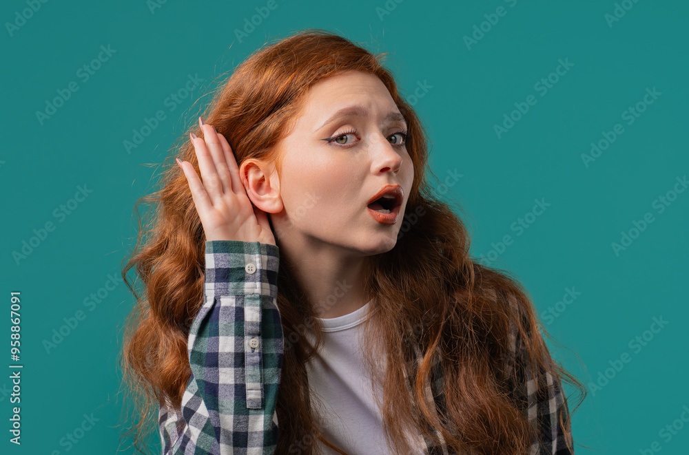 Curious ginger woman doesn't hear, asking what. Quiet sound, deaf, misunderstand Curious ginger woman doesn't hear, asking what. Quiet sound, deaf, misunderstand