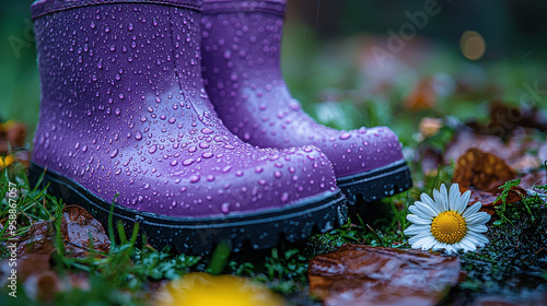 A close-up image of purple rain boots standing on wet grass adorned with white daisies and brown autumn leaves, with water droplets clinging to the surface of the boots. photo