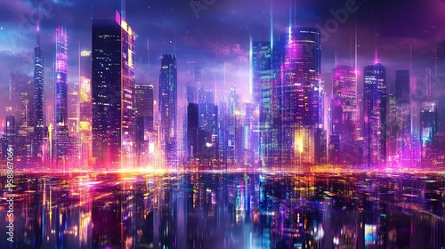 Futuristic urban skyline with bright, colorful lights and tall structures. Premium background for the latest technology needs. generative ai