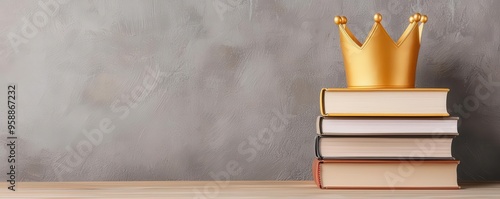 Golden crown atop a stack of strategic planning books photo