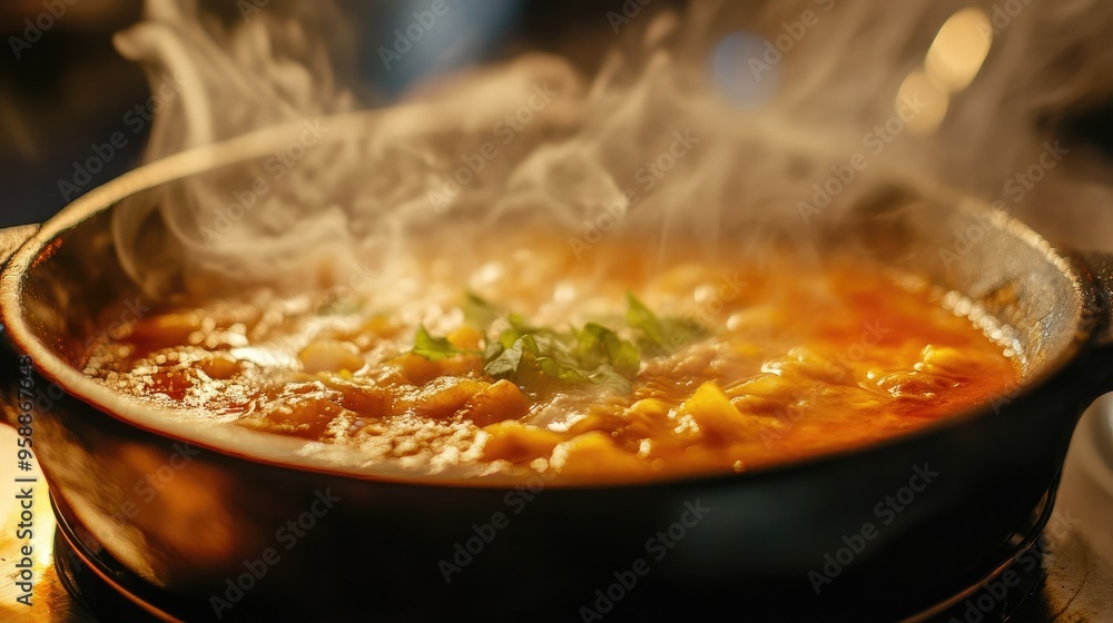 A close-up of a steaming dish of hot soup, with aromatic smoke rising and adding to the appetizing scene A close-up of a steaming dish of hot soup, with aromatic smoke rising and adding to the appetizing scene