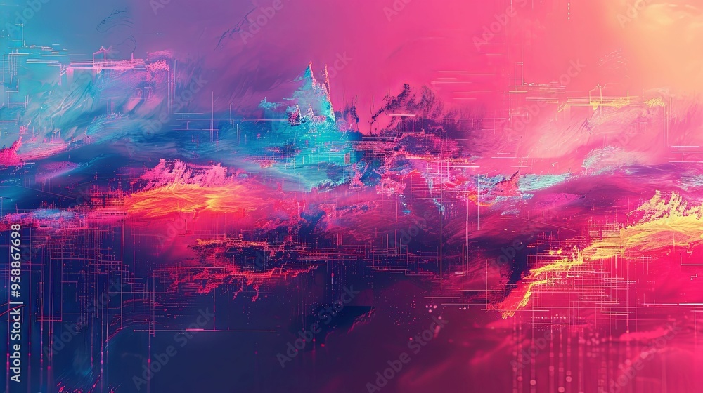 Abstract Digital Landscape with Pink, Blue, and Yellow Hues Abstract Digital Landscape with Pink, Blue, and Yellow Hues
