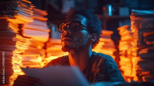 A young man studies paperwork in a dimly lit room surrounded by stacks of documents during late hours at night