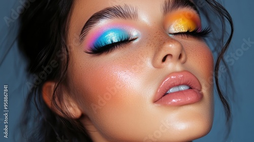 A close-up of a woman with a bold, colorful makeup look, featuring vibrant eyeshadow, dramatic lashes, and a matching lipstick. -