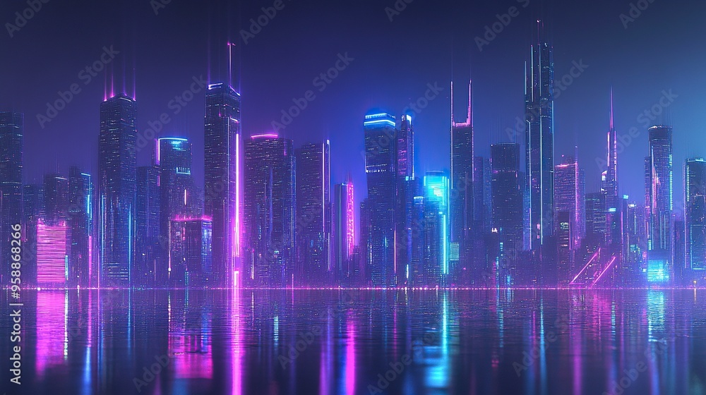 Futuristic urban skyline with bright, colorful lights and tall structures. Premium background for the latest technology needs. generative ai Futuristic urban skyline with bright, colorful lights and tall structures. Premium background for the latest technology needs. generative ai