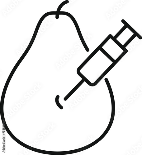 Line art icon of a syringe injecting a chemical substance into a pear, representing genetically modified food