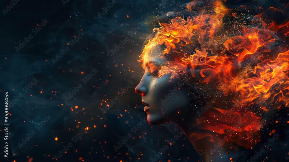 A woman's face is engulfed in flames, with smoke and sparks surrounding her. A woman's face is engulfed in flames, with smoke and sparks surrounding her.