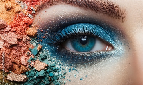 Close-up of a Blue Eye with Glittery Makeup and Crushed Eyeshadow photo