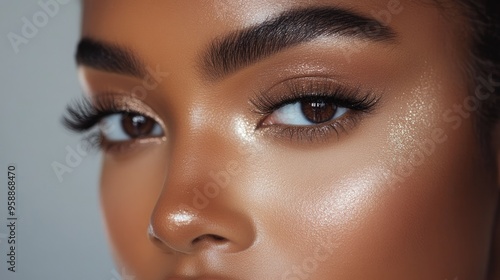 A close-up of a woman face with full glam makeup, including shimmering highlighter, bold brows, and a perfectly blended eyeshadow palette.