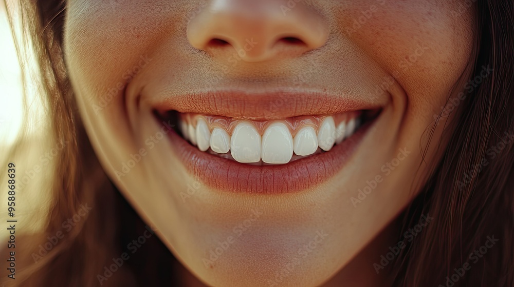 A close-up of a woman's smile, with white, straight teeth and full lips, exuding confidence and warmth in a candid moment. A close-up of a woman's smile, with white, straight teeth and full lips, exuding confidence and warmth in a candid moment.