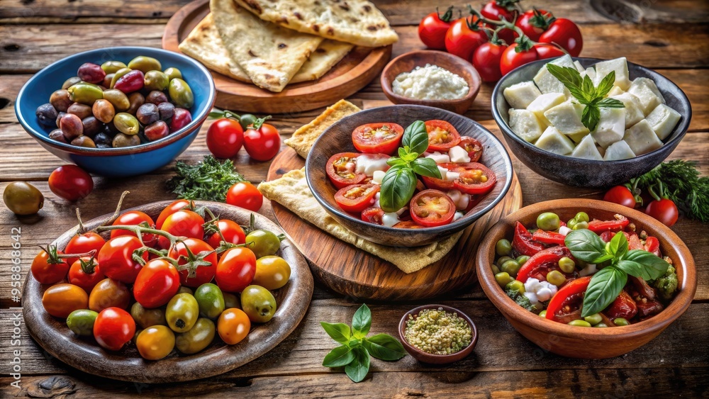 Colorful array of traditional Mediterranean dishes, including juicy olives, crispy pita bread, fresh feta cheese, and vibrant tomatoes, artfully arranged on a rustic wooden table. Colorful array of traditional Mediterranean dishes, including juicy olives, crispy pita bread, fresh feta cheese, and vibrant tomatoes, artfully arranged on a rustic wooden table.