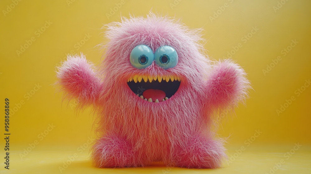 Obraz premium looping animation dancing colorful hairy monster funny mascot having fun furry toy isolate on yellow background