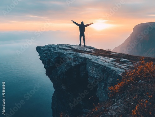Conquering the Summit: A lone figure stands triumphant on a clifftop, arms outstretched, silhouetted against a breathtaking sunset over the ocean. This image evokes feelings of freedom.