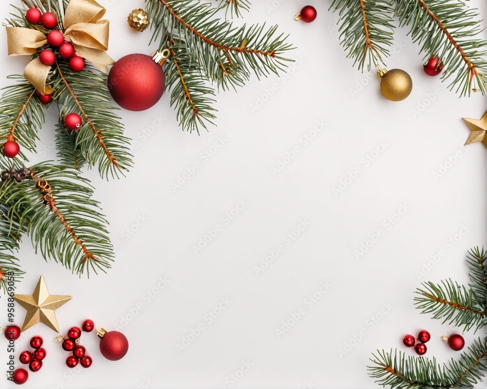 Christmas background. Snow Fir tree branch, gold star, red balls and berries on white background Christmas background. Snow Fir tree branch, gold star, red balls and berries on white background