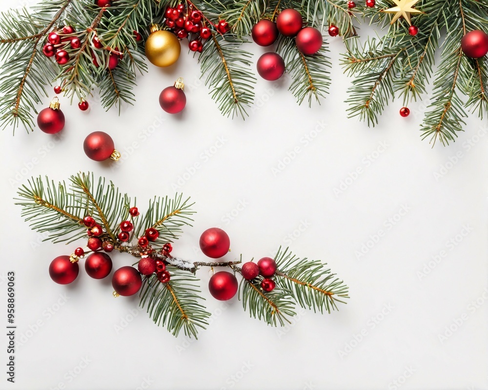 Christmas background. Snow Fir tree branch, gold star, red balls and berries on white background Christmas background. Snow Fir tree branch, gold star, red balls and berries on white background