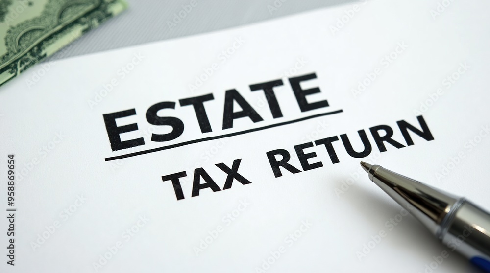Obraz premium Estate tax return document with pen and dollar bills closeup