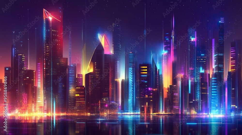Fototapeta premium Futuristic urban skyline with bright, colorful lights and tall structures. Premium background for the latest technology needs. generative ai