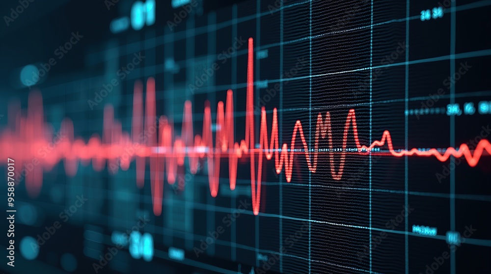 Seismograph analysis showcasing seismic wave characteristics in red waveform Seismograph analysis showcasing seismic wave characteristics in red waveform