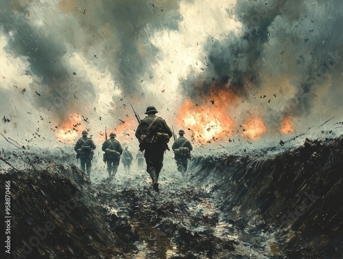 Into the Inferno: WWI Soldiers Advance Through Fiery Battlefield  photo