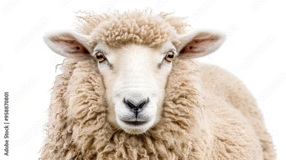 fluffy sheep portrait isolated on pure white background detailed wool texture gentle expression studio lighting highlights soft contours and depth fluffy sheep portrait isolated on pure white background detailed wool texture gentle expression studio lighting highlights soft contours and depth