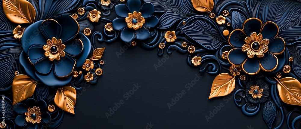 Elegant floral design with blue flowers and golden accents on a dark background, perfect for invitations or decorative purposes. Elegant floral design with blue flowers and golden accents on a dark background, perfect for invitations or decorative purposes.