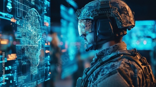 Cyber Warfare Tactician: A hardened soldier analyzes holographic battlefield data, immersed in the blue glow of advanced technology. 