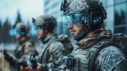 Digital Battlefield: A squad of soldiers equipped with futuristic augmented reality helmets, strategizing for a high-tech mission in a modern urban environment. 