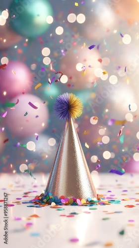 A festive party hat surrounded by confetti and colorful bokeh lights.