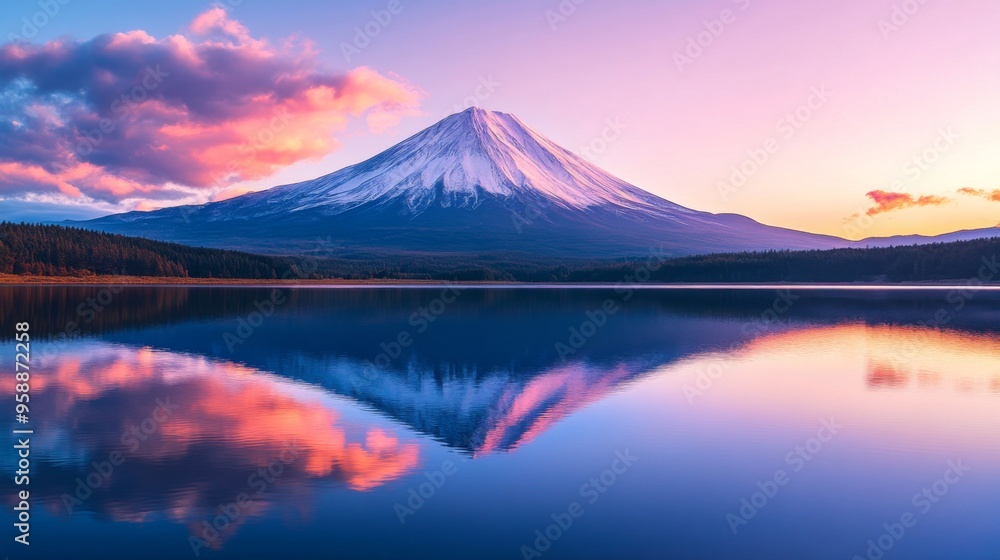 Mount Fuji Reflected in Calm Lake at Sunset Mount Fuji Reflected in Calm Lake at Sunset
