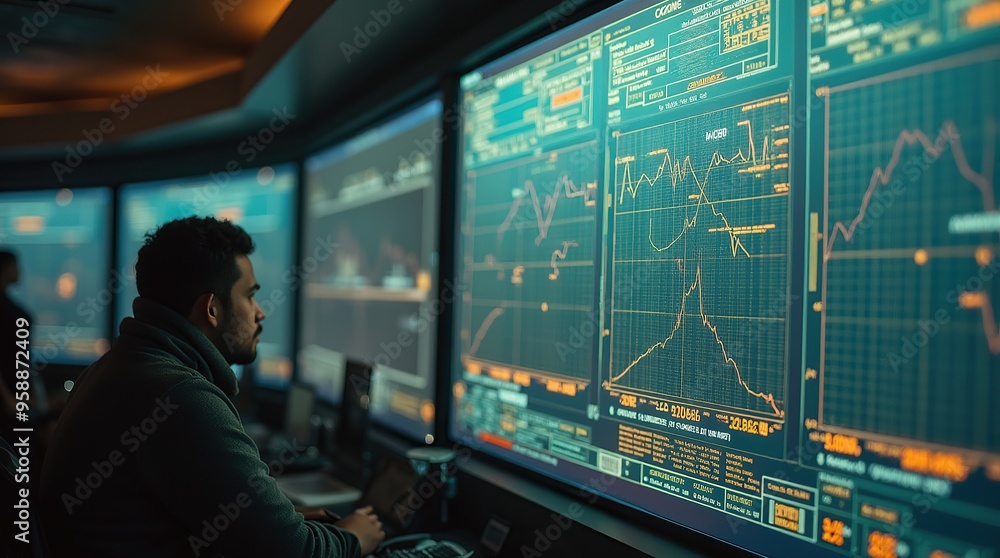 Analyst observing data trends on multiple screens in a control room Analyst observing data trends on multiple screens in a control room