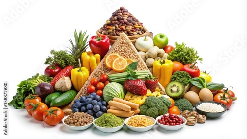 Colorful illustration of a nutritional pyramid with vibrant fruits, vegetables, whole grains, dairy, and protein groups stacked harmoniously, promoting balanced eating habits and wellness. photo